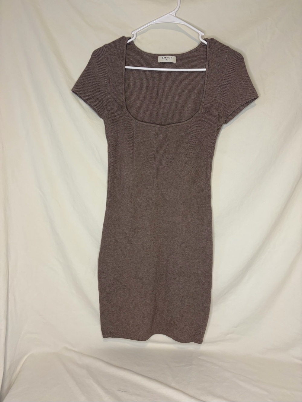 Aritzia Babaton Emerge Ribbed Knit Dress Taupe-Brown Square Neck Body-Con Dress